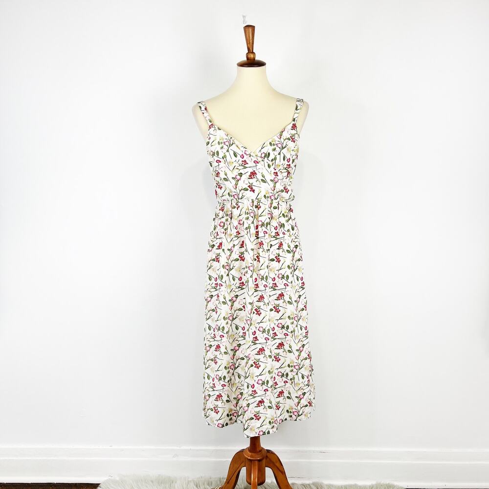 Club Monaco 100% silk midi dress floral rose pattern white pink Size 6